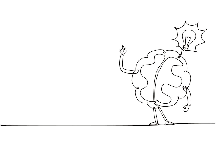 Vector single one line drawing human brain something with bulb icon found the answer cartoon brain vector