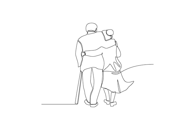 Single one line drawing is grandma supports grandpa walking with cane grandparents day continuous line draw design graphic vector illustration