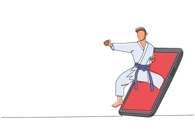 single one line drawing karateka man with punch pose for fighting to get out of smartphone screen
