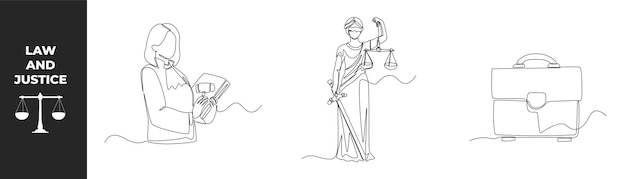 Vector single one line drawing law set concept female judge with book lady justice and lawyer bag continuous line draw design graphic vector illustration