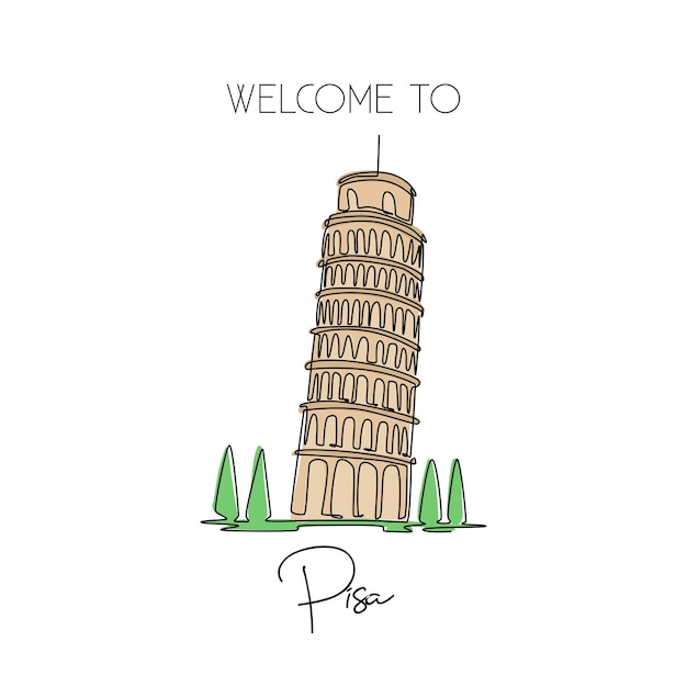 Vettore disegno a linea singola torre di pisa snella bellissima illustrazione vettoriale del design storico di un luogo iconico