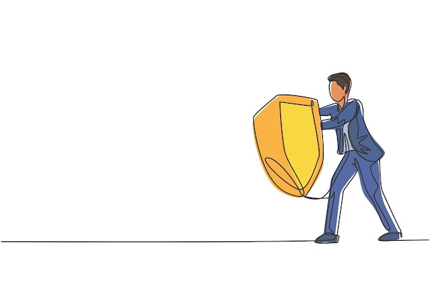 Single one line drawing male employee holding metal shield to protect himself Business protection