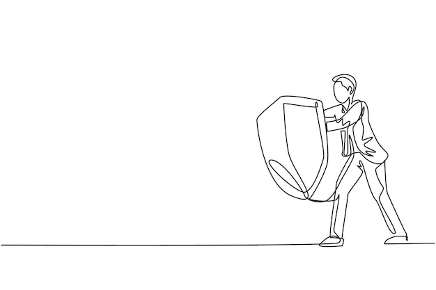Single one line drawing male employee holding metal shield to protect himself Business protection