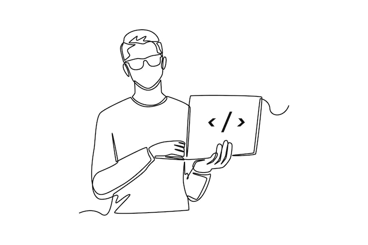 Vector single one line drawing man carrying laptop for coding programming code concept continuous line draw design graphic vector illustration