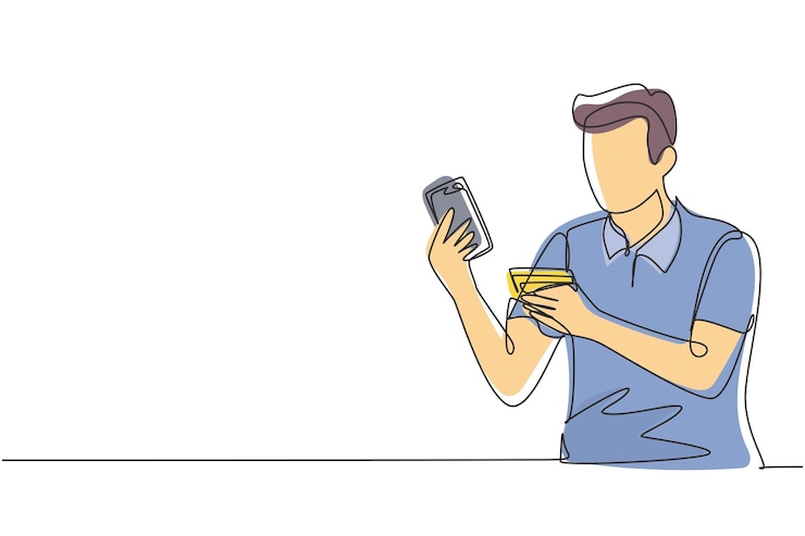 Vector single one line drawing man sitting on chair entering credit card code on laptop digital payment
