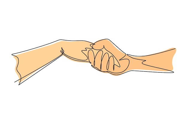 Vector single one line drawing man and woman holding their hands sign symbol of love caring friendship