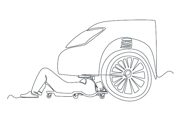 Single one line drawing Mechanic uniform lying down and working under car at auto service garage Auto service concept Continuous line draw design graphic vector illustration