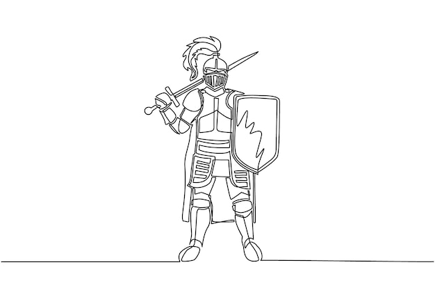 Single one line drawing medieval knight standing in armor and helmet holding a sword ancient