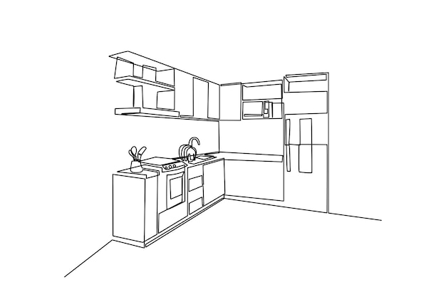 Single one line drawing Modern kitchen interior Kitchen room concept Continuous line draw design graphic vector illustration