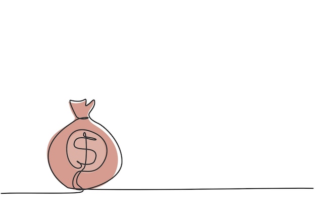 Single one line drawing of money bag on the floor with penny and paper money inside wealth vector