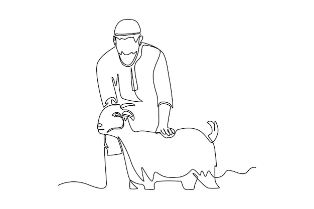 Single one line drawing muslim boy bring a goat for sacrifice Happy Eid Al Adha Continuous line draw design graphic vector illustration