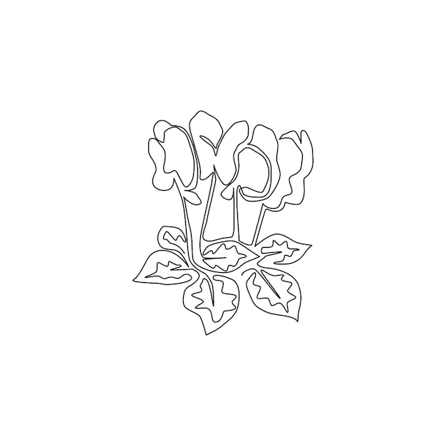 Вектор Однолинейный рисунок красивого цикламена для садового логотипа многолетнее цветущее растение для домашнего декора