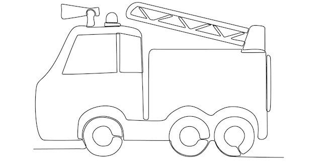 Вектор Однолинейный рисунок пожарной машины со спасательной лестницей и соплом пожарная машина в роли пожарного