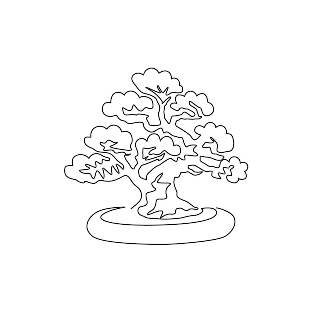 Vector single one line drawing old beauty exotic mini bonsai tree for home wall decor potted banyan plant