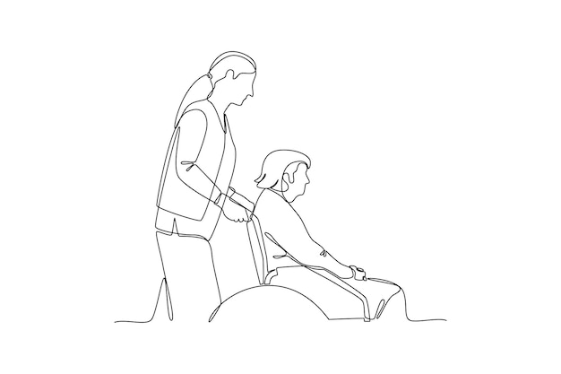 Vector single one line drawing people helping grandma push the wheelchair team work people trust assistance technology gear collaboration solution continuous line draw design vector