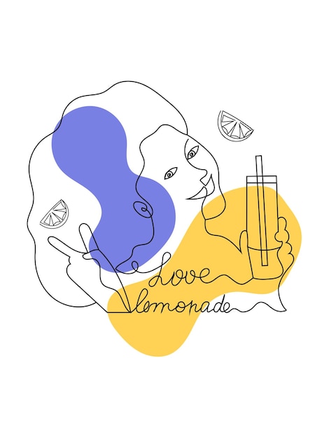 Una bella donna con disegno a una linea tiene in mano un bicchiere di limonata disegnata in uno stile a linea singola