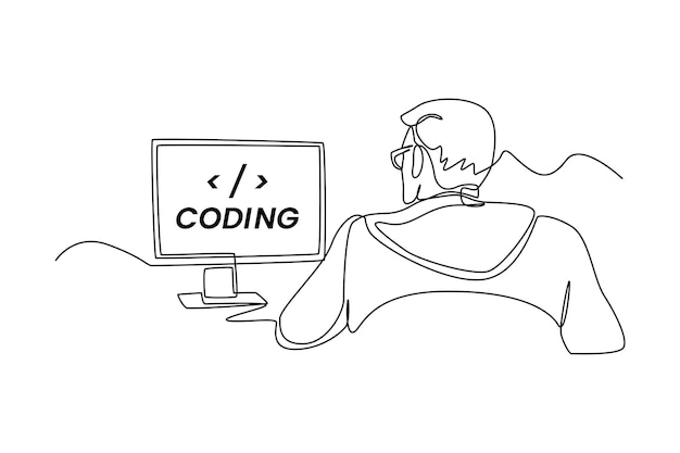 1 本の線画 プログラマーまたは開発者は、コンピューターの前でプログラミング言語コードを作成します プログラミング コードの概念 連続線画デザイン グラフィック ベクトル図