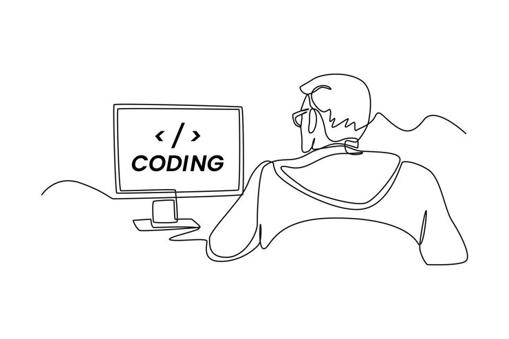 Vector single one line drawing programmers or developers make programming language code in front of the computer programming code concept continuous line draw design graphic vector illustration