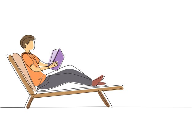 Vector single one line drawing reclined man reading book in lounge chair chill out time with good story