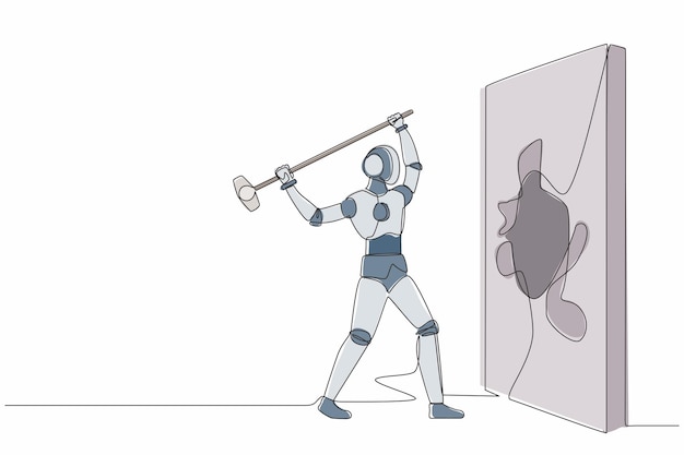 単一の線を描くロボットが壊れてハンマーで壁にぶつかります 成功の道
