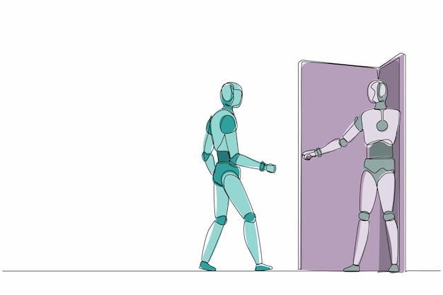 Vettore un robot che disegna una sola linea sta invitando il suo amico a entrare nel suo ufficio.