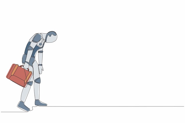 単一の線を描くロボットがブリーフケースを握って下を見下ろしている 世界経済の破産