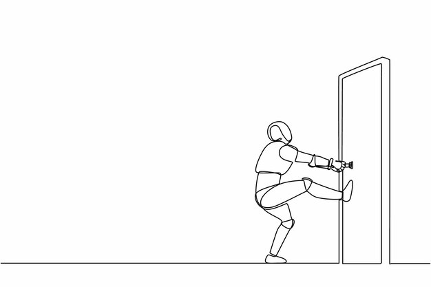 閉じたドアのノブを動力で引く単一のライン描画ロボット 未来の技術イラスト