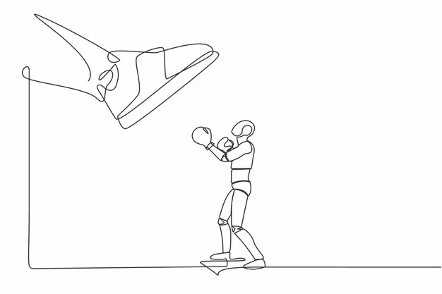 Single one line drawing robot punching uppercut under big foot stomp Robot against authoritarian