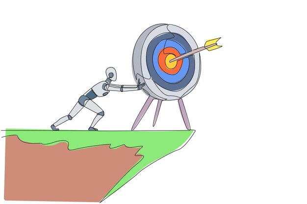 Single one line drawing robot pushes the large arrow board target from the edge of a cliff Aimless