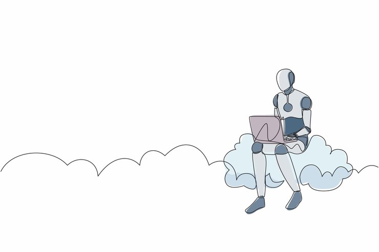Vector single one line drawing robot sitting on cloud in sky and working with a laptop future technology