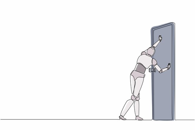 ロボットが立ち上がって閉じたドアを押す 未来のテクノロジーの発展