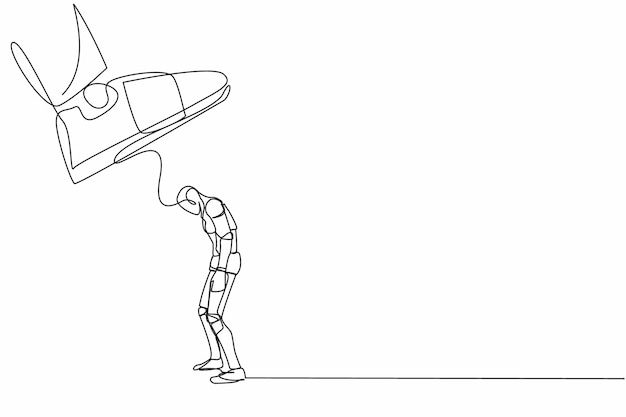 Single one line drawing robot standing weak under huge boot shoe being fired from the company