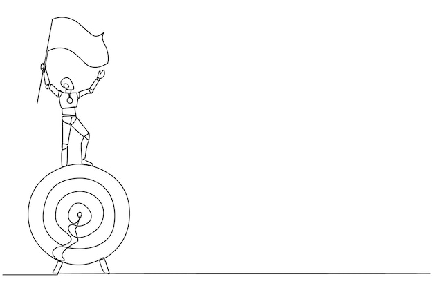 Vector single one line drawing of robotic standing on giant arrow target board holding a fluttering flag