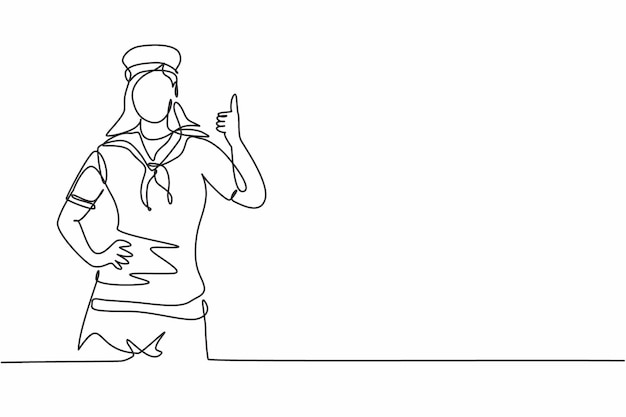 Однолинейный рисунок моряка с жестом вверх большим пальцем, плывущего по морям на корабле