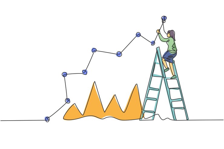 Vector single one line drawing of smart businesswoman report sales progress with line graph finance vector