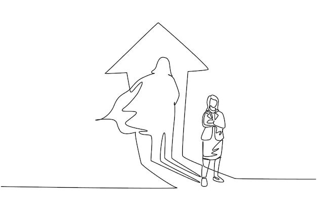 Single one line drawing smart businesswoman standing with superhero shadow behind her finance vector