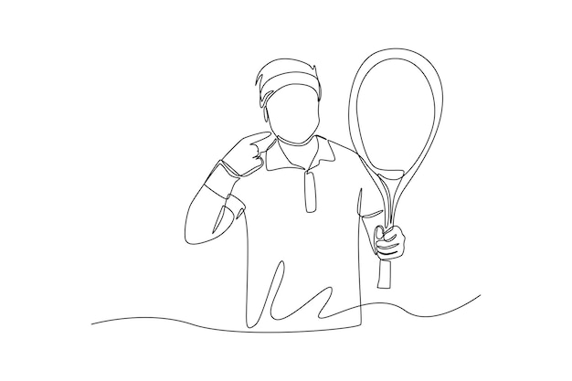 Single one line drawing sportsman confidently pointing to tennis racket Pointing concept Continuous line draw design graphic vector illustration