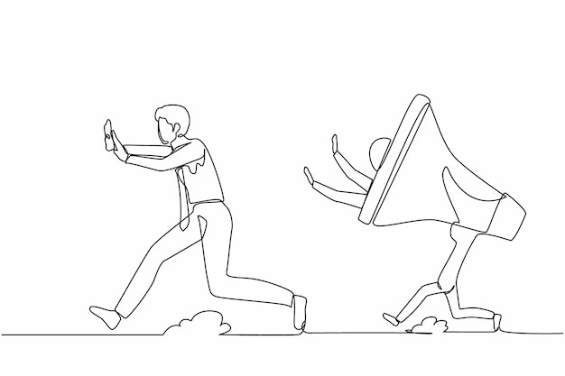 Single one line drawing stressed businessman being chased by megaphone Office worker avoid loud