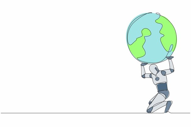 Vettore disegno in una sola linea di un robot stanco che porta un globo pesante sul retro.