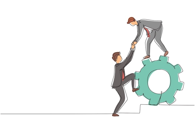 single one line drawing two businessmen helping each other on top of cog teamwork help each other