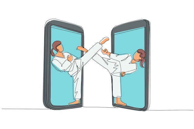 single one line drawing two woman karate fighters comes out from cellular phone ready to fight