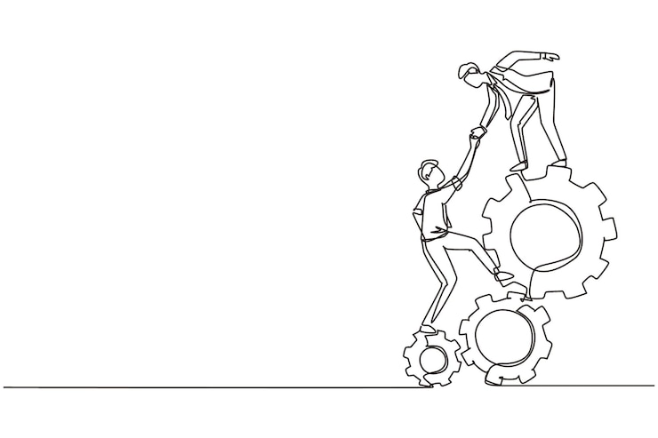 Vector single one line drawing two young businessmen helping each other to go up to a pile of cogs design