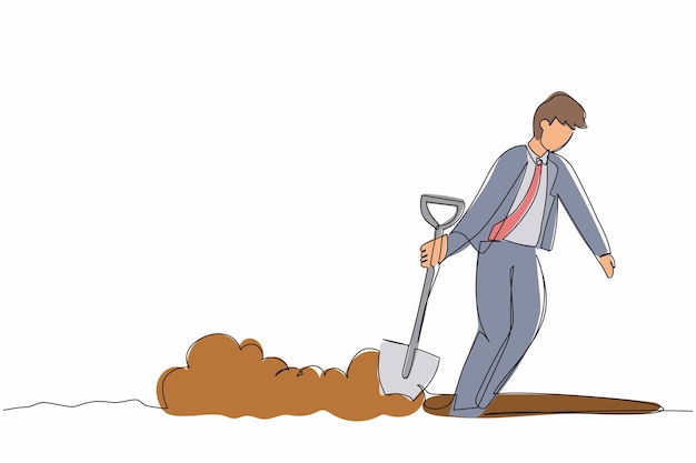 Single one line drawing unhappy businessman walking unsteadily leaving hole dug dragging a shovel