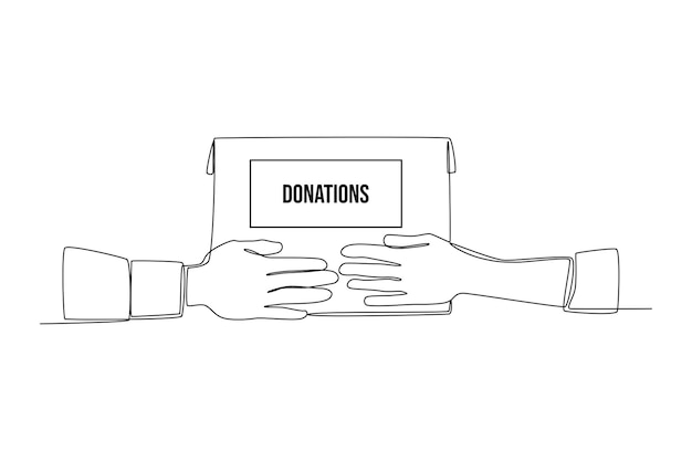 Single one line drawing Volunteer giving a donate box to the Recipient World charity day concept Continuous line draw design graphic vector illustration