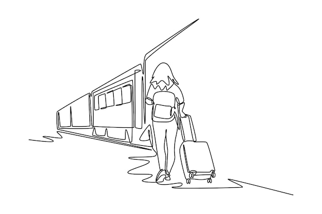 single one line drawing of woman go traveling by train all about station and train activity Simple line train activity