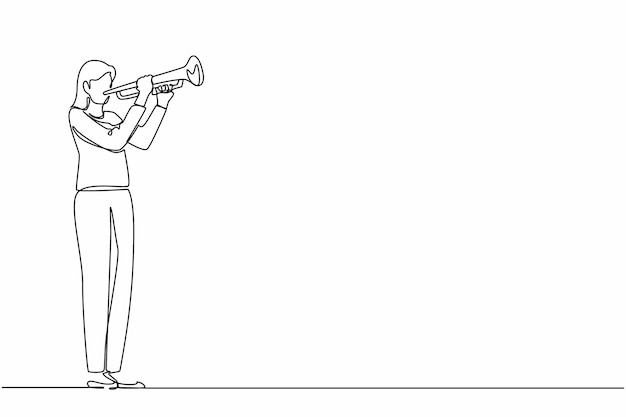 トランペットを弾く女性の単一一行の絵 楽器音楽 ジャズミュージシャンがトランペットを演奏する