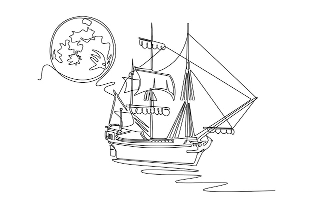 Vector single one line drawing wooden ships in sea with big moon continuous line draw design graphic vector illustration