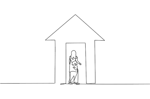 Vettore il disegno di una sola linea di una giovane donna d'affari araba entra nella metafora della crescita dell'edificio con la freccia in alto