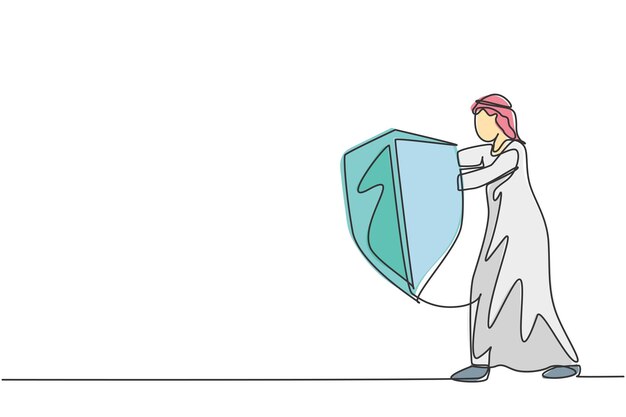 Single one line drawing young Arabian male entrepreneur holding metal shield to protect from threat