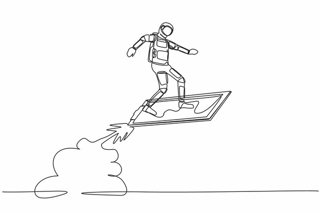Single one line drawing young astronaut riding clipboard rocket flying in moon surface Analyze data